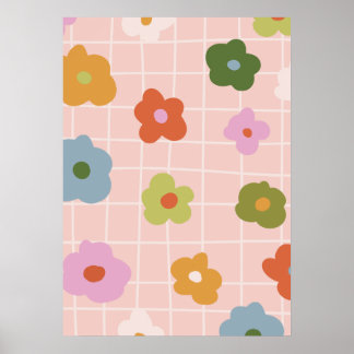 Playful chequered plaid with daisies poster