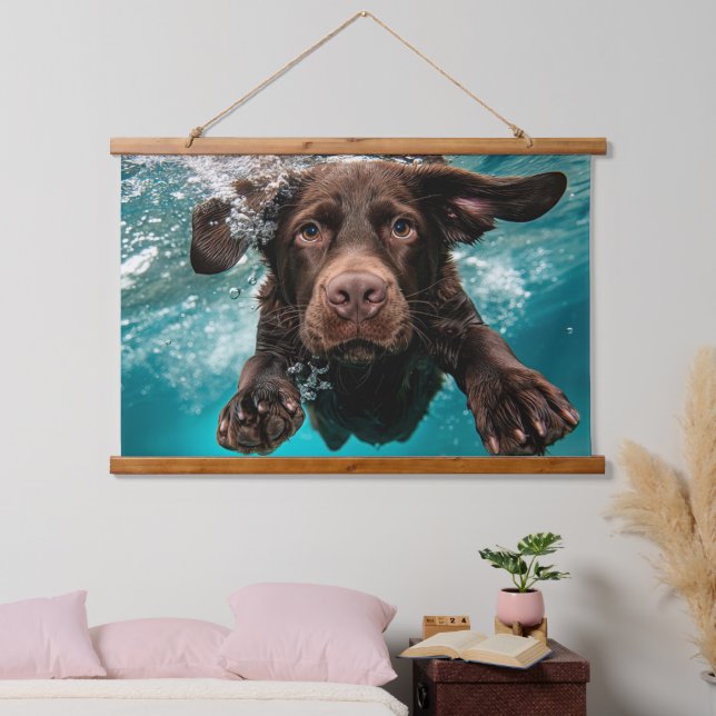 Playful Chocolate Labrador Swimming Underwater Hanging Tapestry (Bedroom)