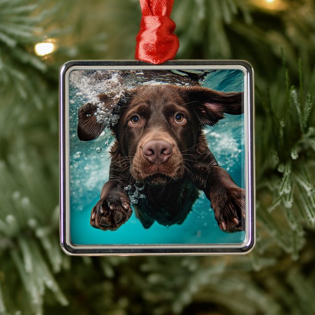 Playful Chocolate Labrador Swimming Underwater Metal Tree Decoration (Tree)