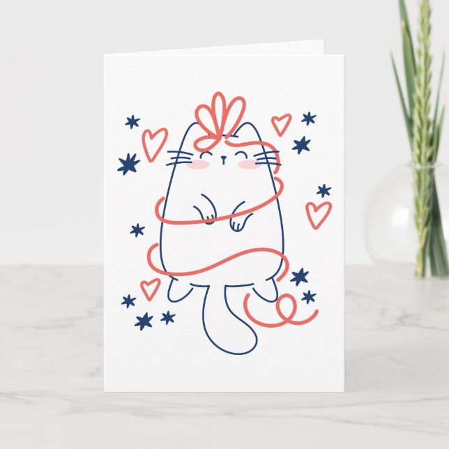 Playful Christmas Cat with Ribbons Card (Front)