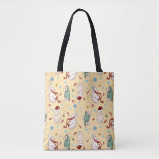 Playful Christmas Cats with Yarn and Holiday Motif Tote Bag
