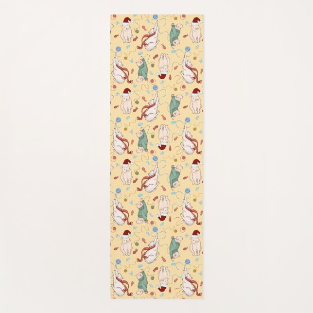 Playful Christmas Cats with Yarn and Holiday Motif Yoga Mat (Front)