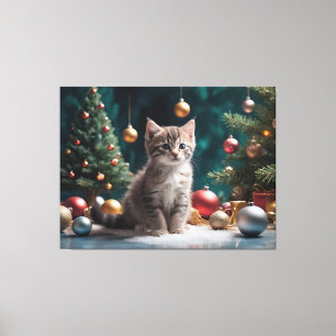 Playful Christmas Kitten by the Tree with Ornament Canvas Print