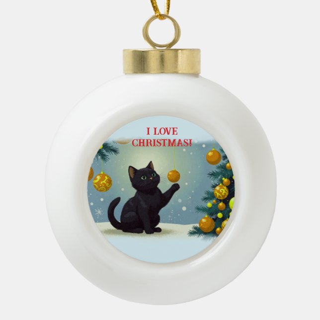 Playful Christmas Kitten Ceramic Ball Christmas Ornament (Front)
