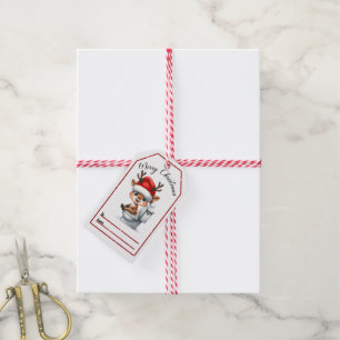 Playful Christmas tags featuring a joyful reindeer