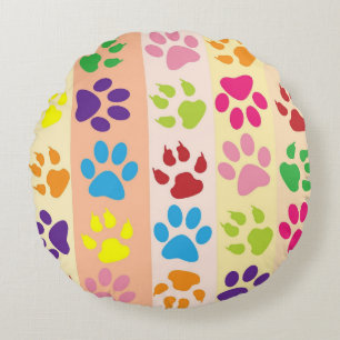Playful Colorful Paw Prints Round Decorative Throw Cushion