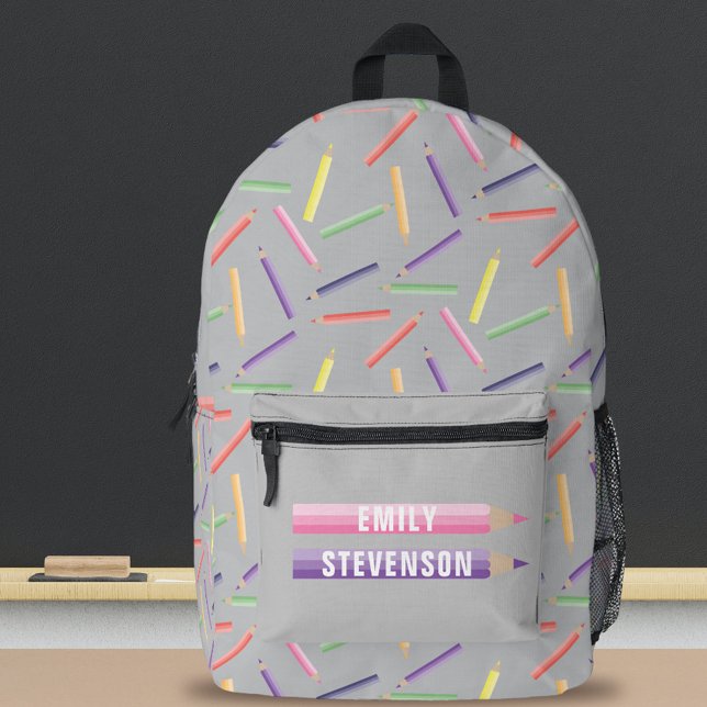 Playful Coloured Pencils Pattern on Light Grey Printed Backpack (Creator Uploaded)