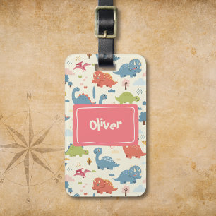 Playful Colourful Dinosaur Pattern Personalised Luggage Tag