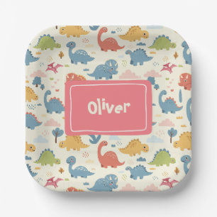 Playful Colourful Dinosaur Pattern Personalised Paper Plate