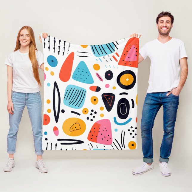 Playful Colourful Geometric Memphis Style Pattern Fleece Blanket (In Situ)