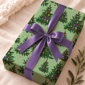 Playful Colourful Green Modern Christmas Trees Wrapping Paper