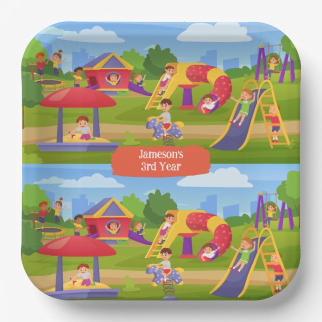 Playful Colourful Kids' Cartoon Playground Fun Nam Paper Plate (Front)