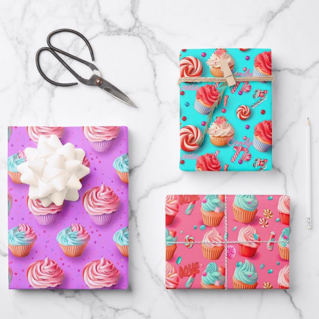 Playful Colourful Lilac, Blue, and Pink Cupcake  Wrapping Paper Sheet (Front)