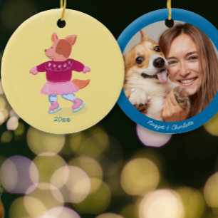 Playful Corgi Ice Skating Custard Yellow Photo Ceramic Tree Decoration