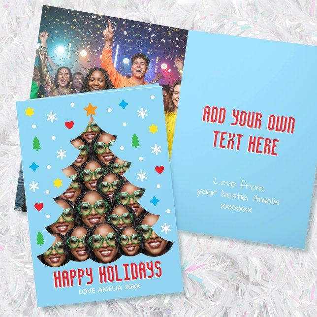 Playful Custom Photo Christmas Tree Blue Folded Holiday Card (Creator Uploaded)