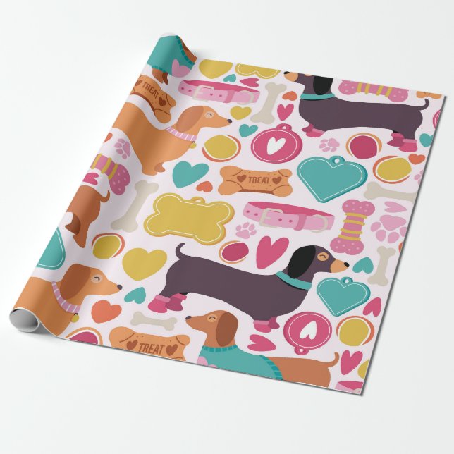 Playful Dachshund Design Wrapping Paper (Unrolled)