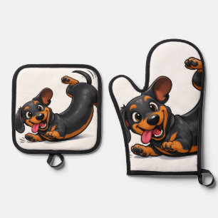 Playful Dachshund Puppy Oven Mitt & Pot Holder Set