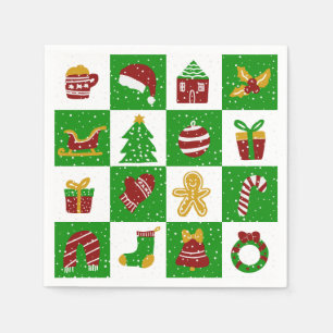 Playful Deep Green Christmas Patterned Squares Napkin