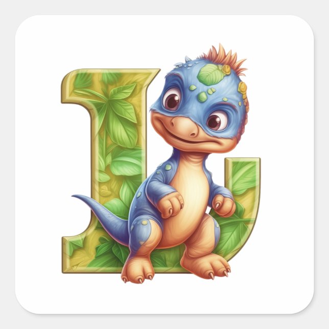 Playful Dinosaur and the Leafy Letter L Square Sticker (Front)