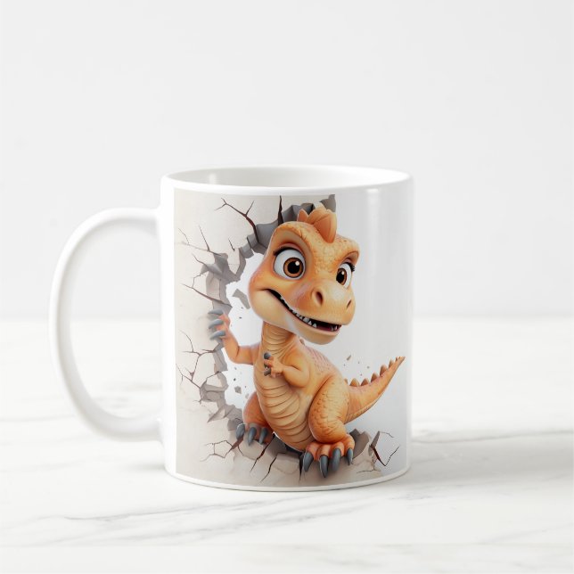 Playful Dinosaur Breaking Through Beige Wall Crack Coffee Mug (Left)