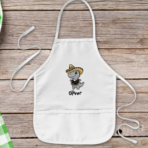 Playful Dinosaur in Festive Sombrero & Poncho Kids Apron