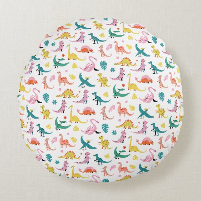 Playful Dinosaur Parade Pattern Round Cushion (Front)