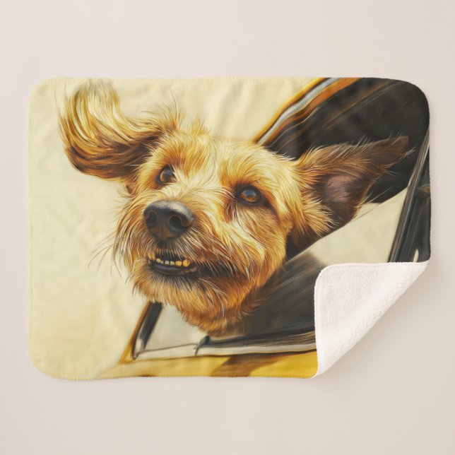Playful Dog Enjoying Car Ride Art Print Sherpa Blanket (Front (Horizontal))