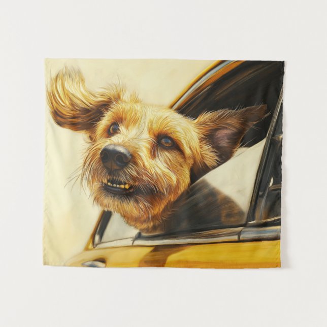 Playful Dog Enjoying Car Ride Art Print Tapestry (Front (Horizontal))
