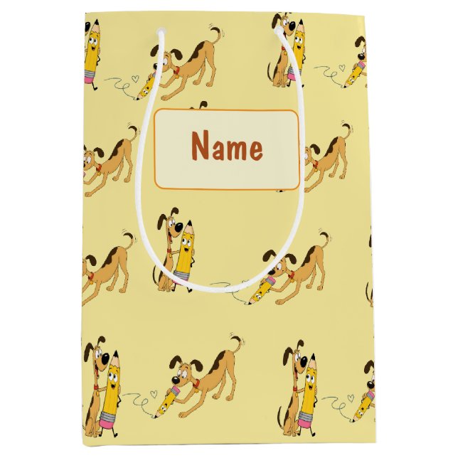 Playful Dog & Happy Pencil Pattern Medium Gift Bag (Front)