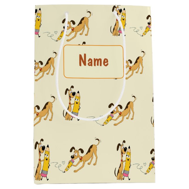 Playful Dog & Happy Pencil Pattern Medium Gift Bag (Front)