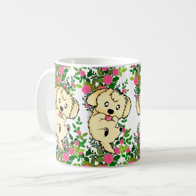Playful Dog in a Garden of Roses and Nature Coffee Mug (Front Left)