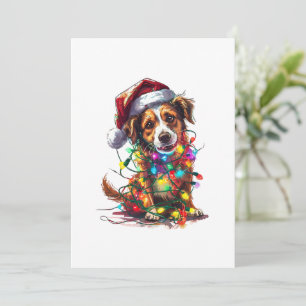 Playful Dog in Santa Hat in Christmas Lights Holiday Card