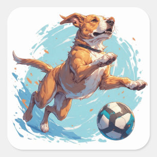 Playful Dog Kicking Soccer Ball With Energetic Exp Square Sticker