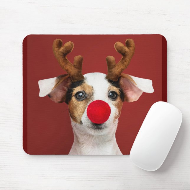 Playful Dog Mouse Pad (A playful dog wearing reindeer antlers and a red nose against a red vibrant background!)
