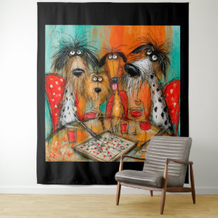 Playful Dogs Game Night with Wine Tapestry