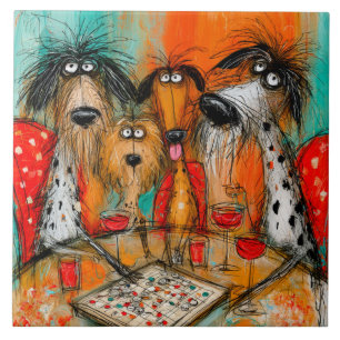 Playful Dogs Game Night with Wine Tile