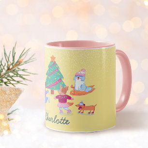 Playful Dogs Ice Skating Pastel Yellow Name Mug