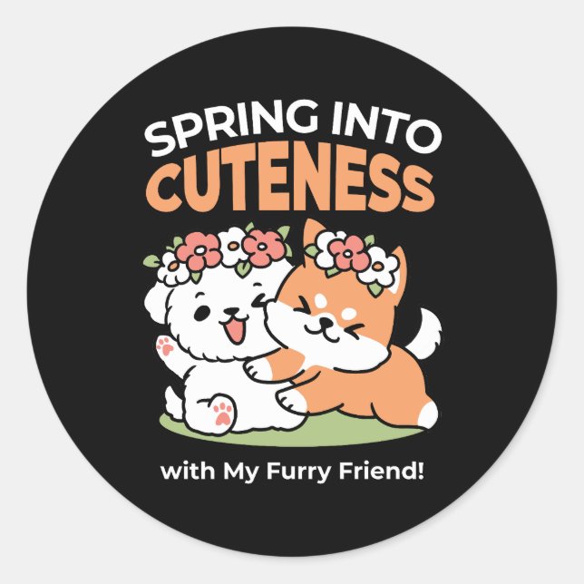 Playful Dogs with Flower Crowns – Fun Spring Theme Classic Round Sticker (Front)