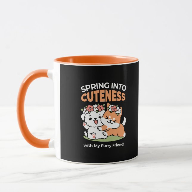 Playful Dogs with Flower Crowns – Fun Spring Theme Mug (Left)