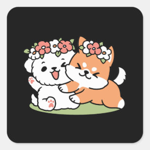 Playful Dogs with Flower Crowns – Fun Spring Theme Square Sticker
