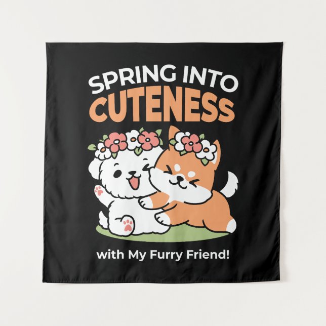 Playful Dogs with Flower Crowns – Fun Spring Theme Tapestry (Front)