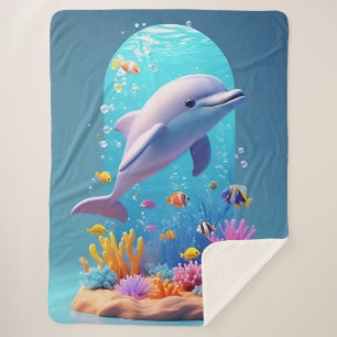 Playful Dolphin amidst Colourful Tropical Fish Sherpa Blanket