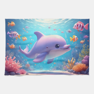 Playful Dolphin amidst Colourful Tropical Fish Tea Towel