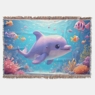 Playful Dolphin amidst Colourful Tropical Fish Throw Blanket