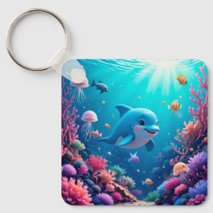 Playful Dolphin and Colourful Marine Life Key Ring