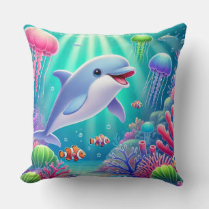 Playful Dolphin in a Vibrant Coral Reef Cushion