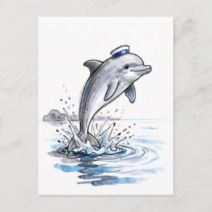 Playful Dolphin Leaping High in Marine Ink Illustr Postcard