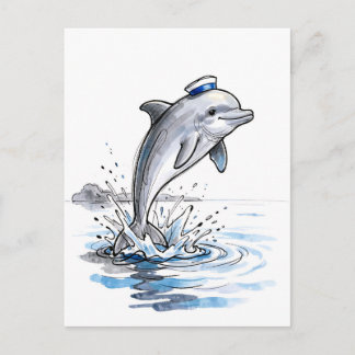 Playful Dolphin Leaping High in Marine Ink Illustr Postcard