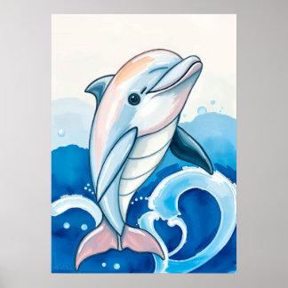 Playful Dolphin Wave Painting Poster