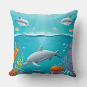 Playful Dolphins Exploring a Vivid Coral Reef Cushion